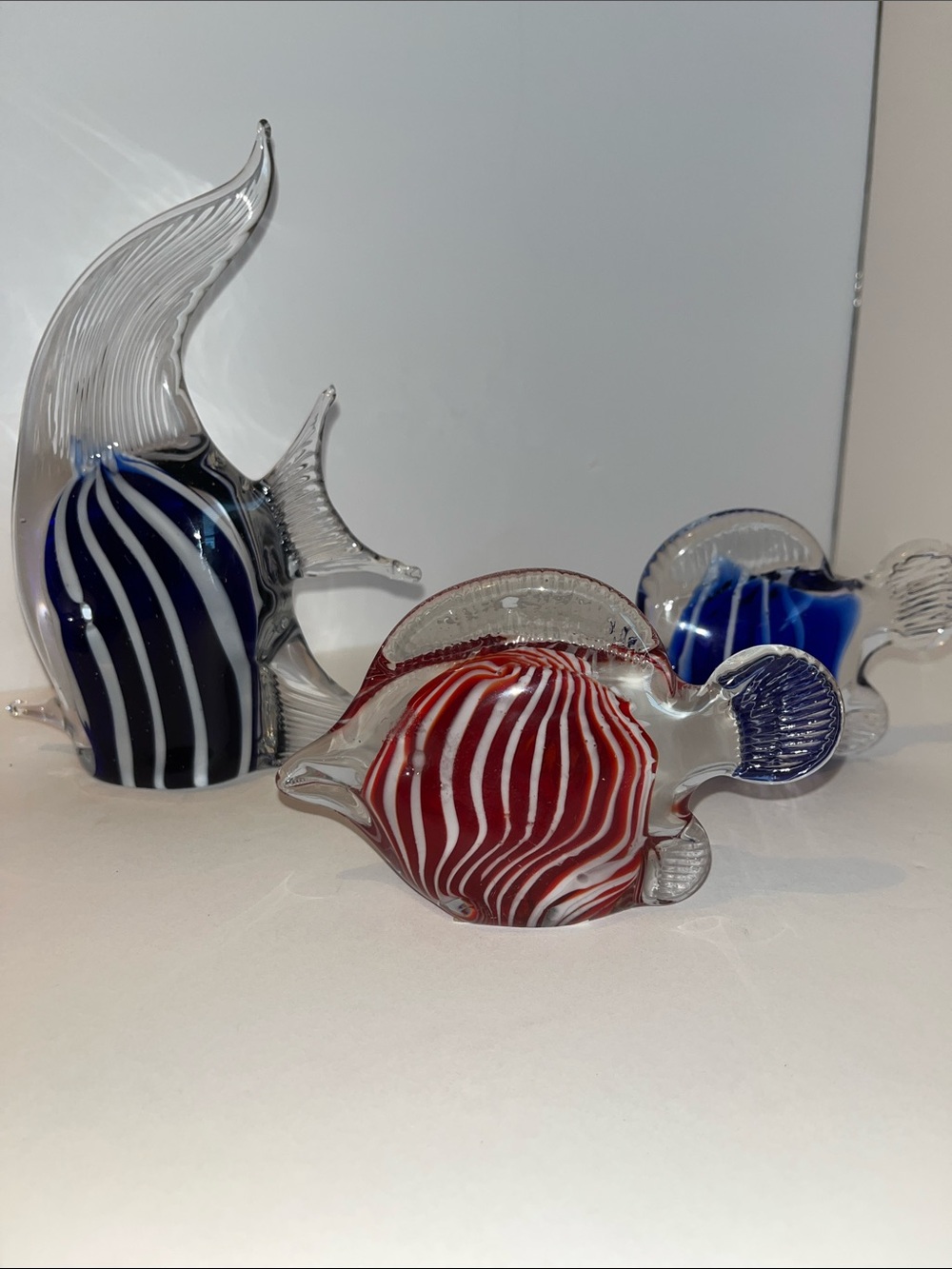 Red and Blue Striped Glass Fish Sculptures - Handblown Decorative Art